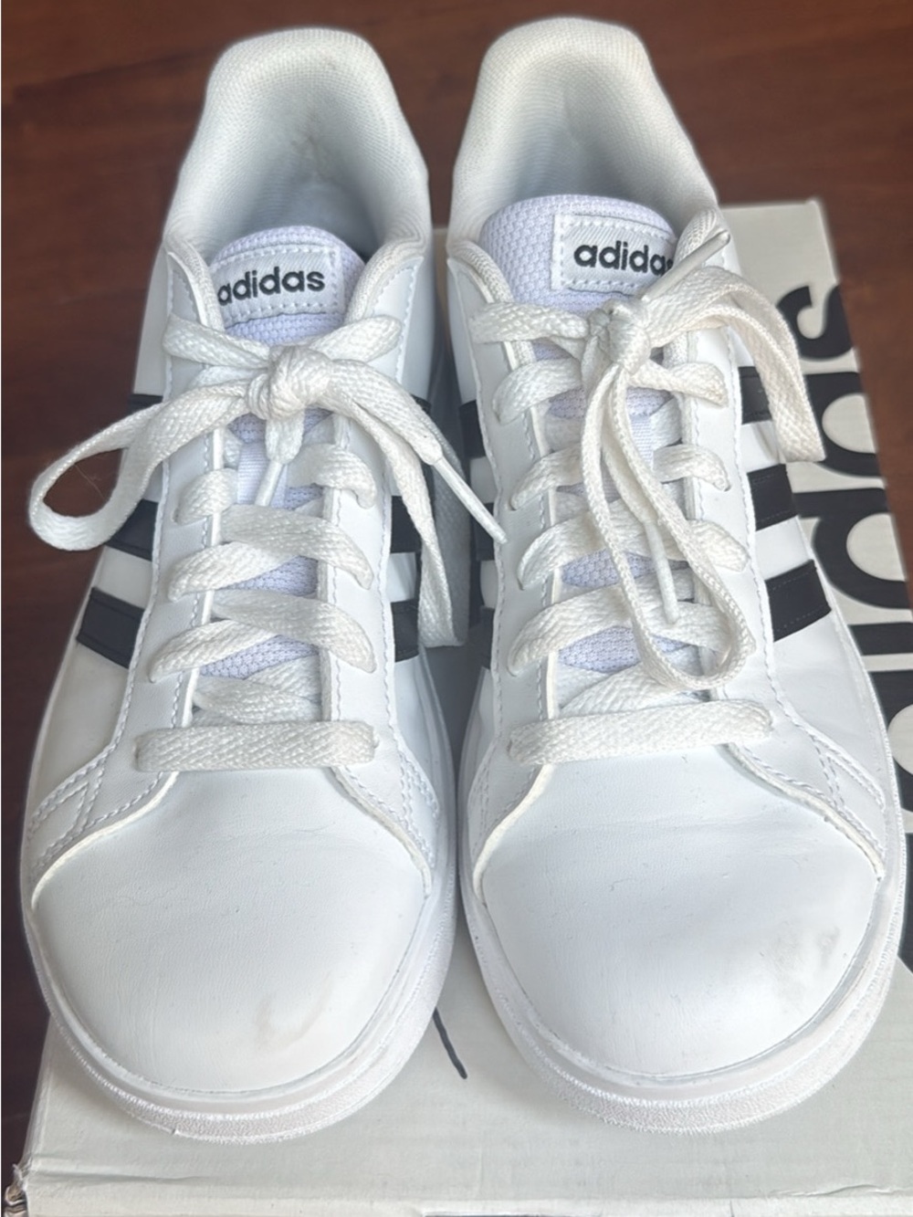 Kids Adidas Grand Court White Sneakers with Black  Stripes